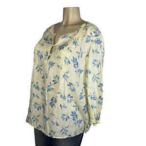 J Jill Tunic Top Womens XL Yellow & Blue Floral Love Linen Boho Long Sleeve Top